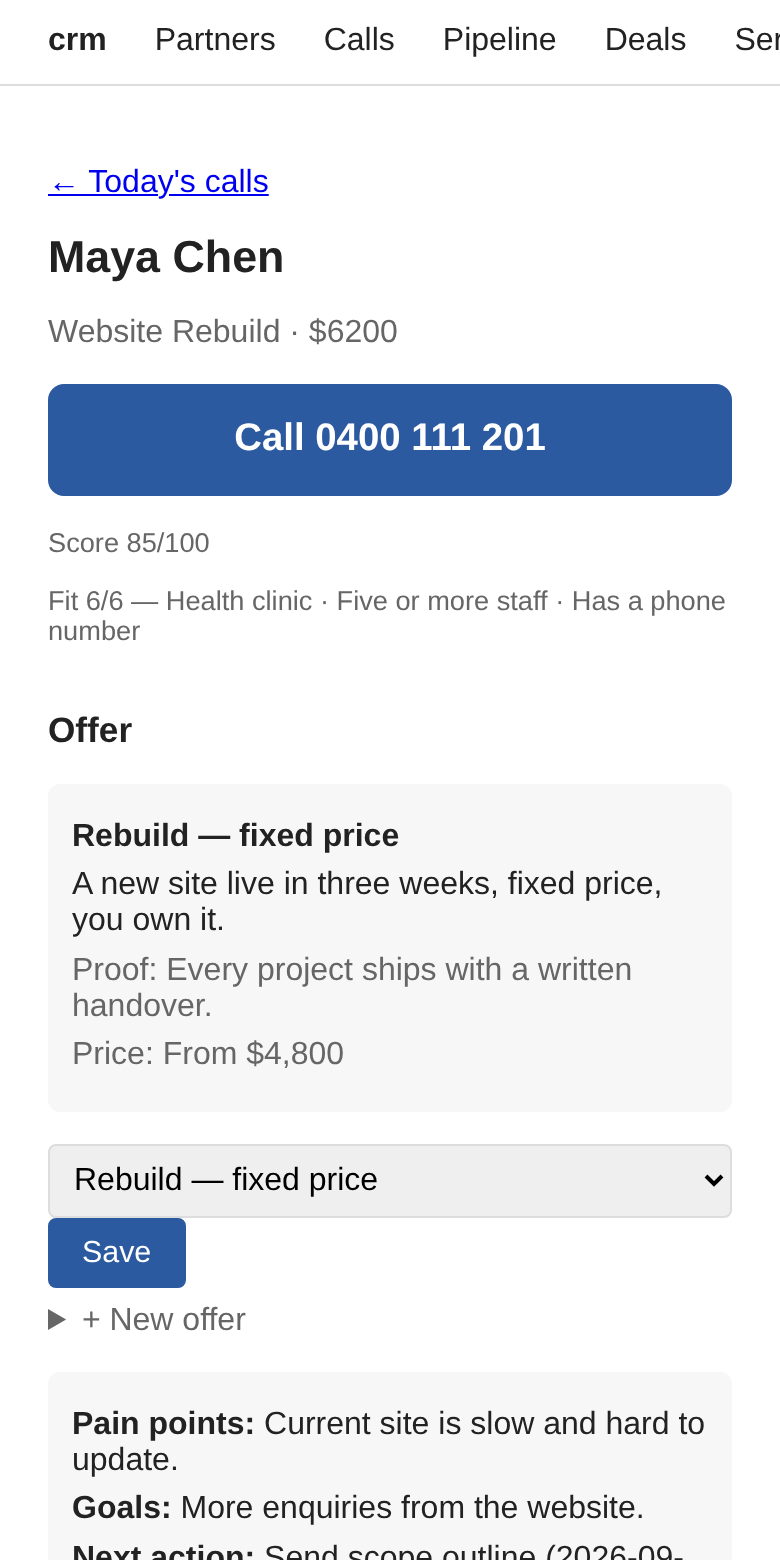 Mobile call view for a deal showing a Call button, score, offer pitch and pain points.